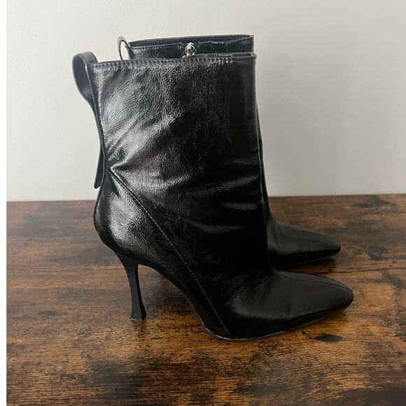 Zara Faux-Patent Leather Ankle Boots Black Stiletto Heel Sz 40 Pointed Toe Goth - Picture 4 of 12